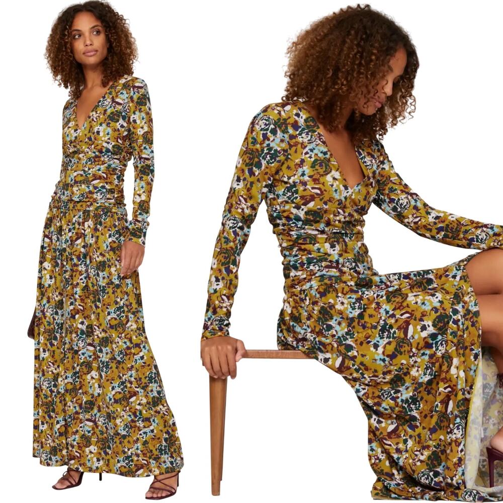 Tanya Taylor Ciara Maxi Dress Floral Print Long Sleeve V Neck Ruched Womens S